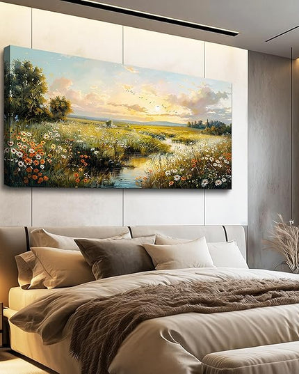 XIGUANGART Large Wall Art for Living Room Canvas Prints Nature River Meadow Wildflower Wall Decor Sunset Pastoral Landscape Pictures Abstract Modern Artwork for Bedroom Kitchen Office Home Decorations
