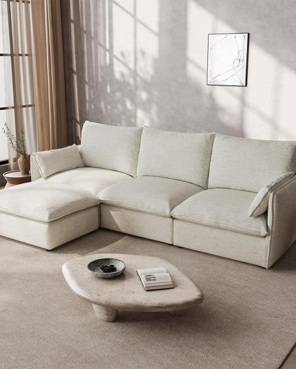 Waterproof Cloud Sectional Couches,High Backrest Down Filled Sofa for Living Room,94.5" Modular Sofas L-Shaped with Ottoman,Detachable Couch Covers,Cream White