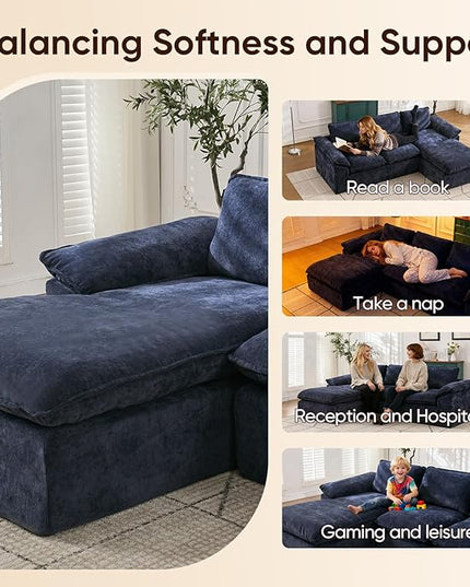 105.6”L Shape Modular Sectional Couch for Living Room, Modern Cloud Sectional 3 Seat Sofa with Oversized Chaise, Woven Texture Upholstery Boneless Couch (Blue, Left Facing Chaise)