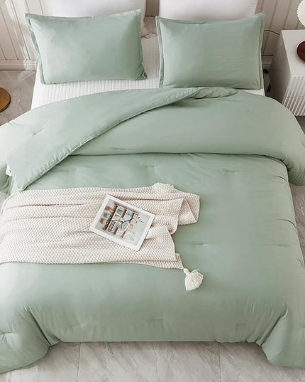 Litanika Queen Comforter Set Sage Green, 3 Pieces Lightweight Comforters Queen Size Solid Bedding Comforters Sets, Down Alternative Comforter Bed Set Quilt Blanket