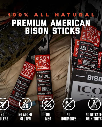 ICON Meats Bison and Pork Snack Sticks, Original Flavor, 24 Pack of High Protein Snacks, Sugar Free, Natural Jerky Meat Sticks, Gluten Free, USDA Inspected, Made in USA, Gifts or Stocking Stuffers