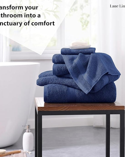 LANE LINEN 100% Cotton Bathroom Towel Set - 6 Pieces - Ring Spun, Super Soft & Highly Absorbent - 2 Bath, 2 Washcloths, 2 Hand Towels for Bathroom - Minimal Lint & Fading, Pre Shrunk - Navy Blue