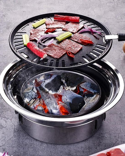Portable Korean Style Stainless-Steel Barbecue Grill, Charcoal BBQ Round Grill Stove for Outdoor Camping, Picnicking & Parties 1~4 People, 13.8" DIA
