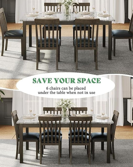 AMERLIFE 7-Piece Dining Table Set with 6 PU Leather Upholstered Chairs, Heavy-Duty Solid Wood Set with 71" Faux Marble Modern Table for Kitchen & Dining Room, Dark Brown