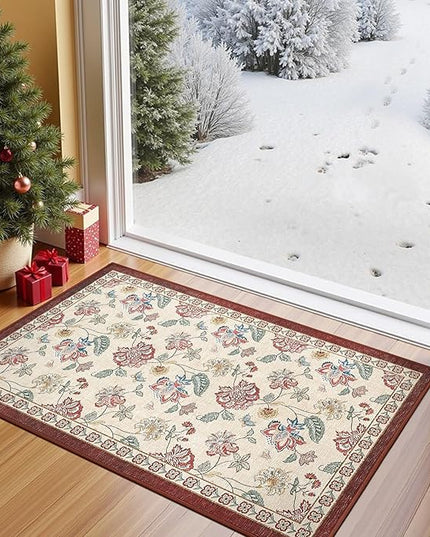 jinchan Elora 2x3 Floral Rug for Entryway Washable Kitchen Rug Vintage Romance Design Christmas Small Mat Non Slip Indoor Doormat Lightweight Low-Profile Throw Carpet for Entrance Bathroom, Red/Beige