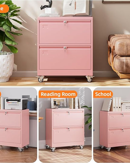 METAN Upgrade 2 Drawers Lateral File Cabinet on Wheels,Steel Office Filing Storage Cabinet with 2 Locks,Assembly Required,Pink