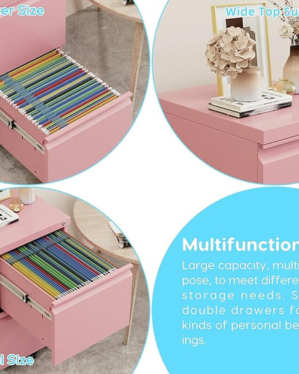 METAN 2 Drawer File Cabinet with Lock, Mobile Under Desk Filing Cabinet for Office Legal/Letter Size, Fully Assembled Except Wheels,Pink