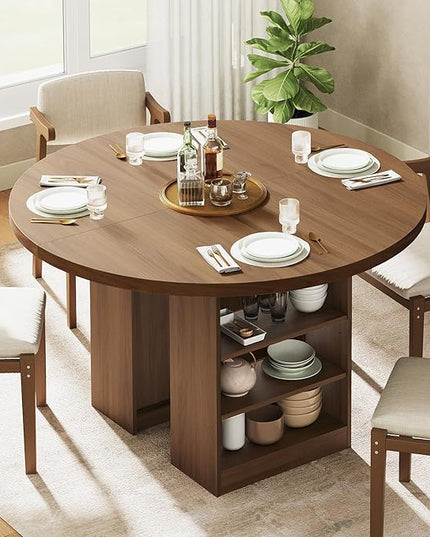 59'' Extendable Dining Table for 4-8, Round Kitchen Room Table with 3-Tier Storage Racks, Adjustable Shelves, Wooden Pedestal Base, for Kitchen, Dinner, Living Room, Office, Walnut