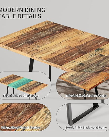 ZckyCine Extendable Dining Table Set 47"-63", Rustic Wood Table with 6 PU Leather Chairs, Modern Scandinavian Dining Room Furniture for Kitchen Apartment