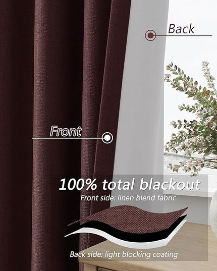 Guken 100% Blackout Curtains 84 Inch Length 2 Panels Set for Living Room Bedroom Back Tab Thermal Insulated Black Out Linen Drapes Room Darkening Reddish Brown,52x84