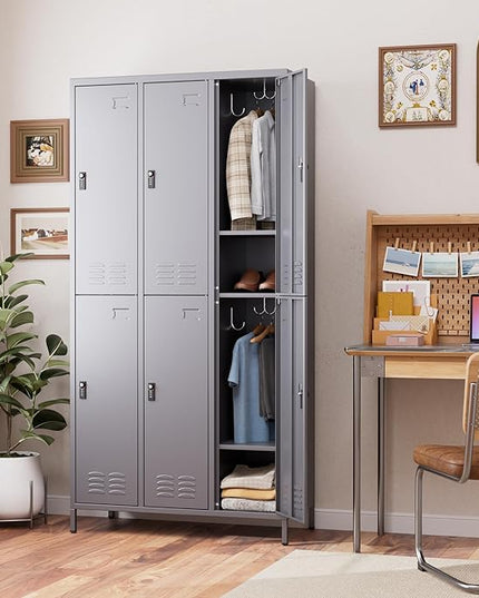 Aobabo Combination Lock Metal Storage Locker for Employees, 6 Doors Lockable Storage Locker with 18 Hooks for Office Gym School, Dark Grey, Assembly Required