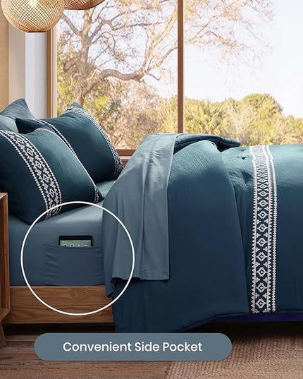 MaiRêve Embroidery King Size Comforter Set Navy Blue, Boho Farmhouse Western Bedding Set 7 Pieces, All Season Bed in A Bag Comforter Set with Sheets, Pillowcases & Shams