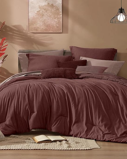 Monbix Queen Comforter Set - 7 Pieces Cationic Dyeing Dark Red Bed in a Bag Queen Bedding Sets with Comforter, Sheets, Pillowcases & Shams, Reversible Bedding Comforters Sets