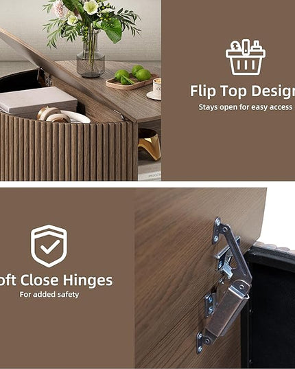 Round Coffee Table with Storage, 31.5" Circle Coffee Table with Sliding Door & Bun Feet, Fluted Center Table for Living Room, Home Small Space, Walnut