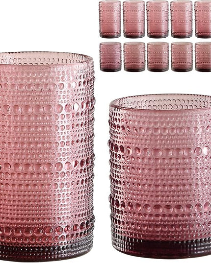 Vintage Glassware Drinking Glasses Set of 12,Purple 12oz & 15oz Hobnail Glass Cups,Embossed Water Tumbler,for Beer,Cocktail,Whiskey,Juice and Various Mixed Drinks- 1 Cleaning Brush