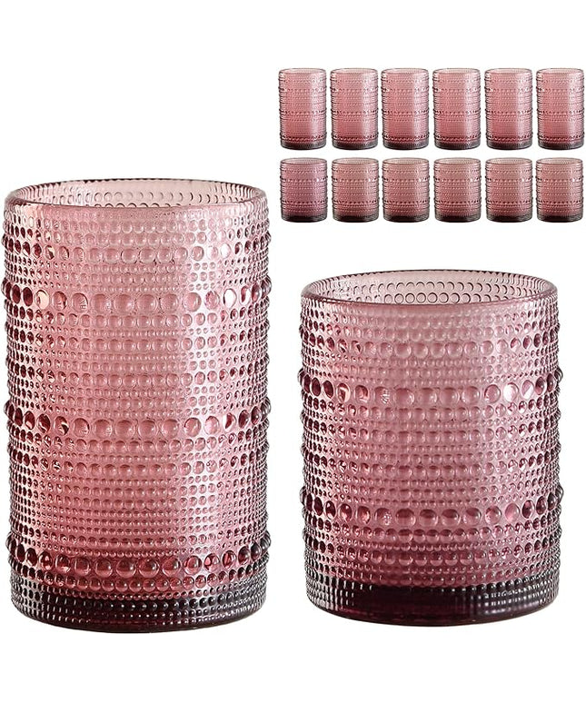 Vintage Glassware Drinking Glasses Set of 12,Purple 12oz & 15oz Hobnail Glass Cups,Embossed Water Tumbler,for Beer,Cocktail,Whiskey,Juice and Various Mixed Drinks- 1 Cleaning Brush