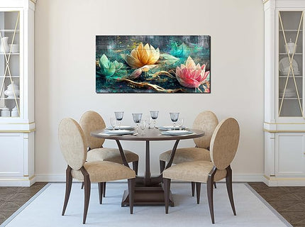 GUGIKA Lotus Flower Wall Art for Living Room, Floral Canvas Wall Decor for Bedroom, Teal Vintage Print Painting, Colorful Artwork for Home, Aesthetic Picture Decoration, Size 40x20
