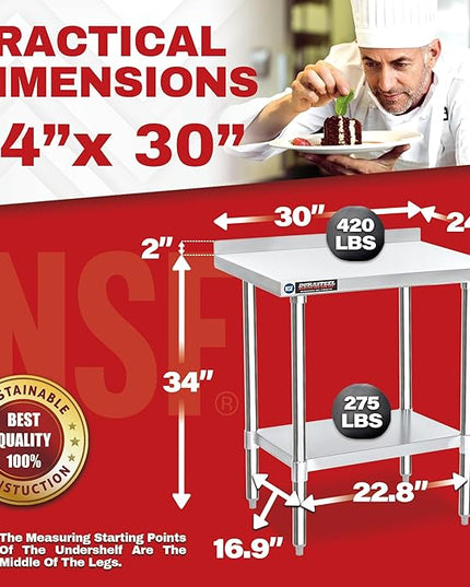 DuraSteel NSF Commercial Kitchen Table - 24 x 30 Inch Cooking Prep Stainless Steel Kitchen Island Workstation w/ Adjustable Under Shelf - Heavy Metal Backsplash Workbench For Restaurant, Home, Garage