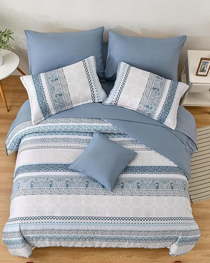 Cottolester Boho Comforter Set King Size Light Blue Comforter Set 8 Piece Bed in a Bag Striped Paisley Bedding Sets