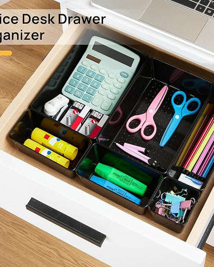 Vtopmart 25 PCS Office Desk Drawer Organizers Set, 4-Size Versatile Plastic Drawer Organizer Trays, Storage Bins for Desk Accessories Office Organizers and Storage, Bathroom, Makeup, Vanity, Black
