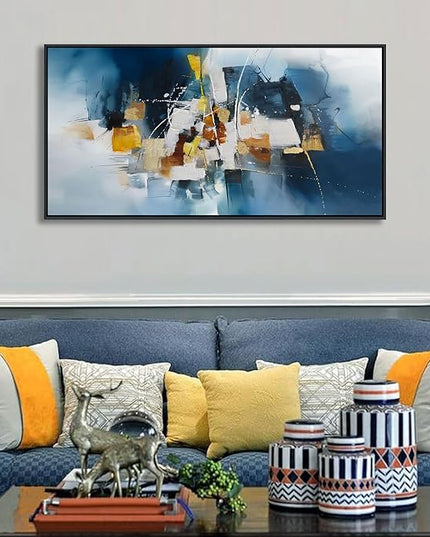 Abstract Canvas Wall Art Navy Blue Wall Art for Living Room Framed Modern Artwork for Walls, Above Bed Wall Decor Navy and Gold for Bedroom and Living Room Office Pictures Wall Decor 20×40IN