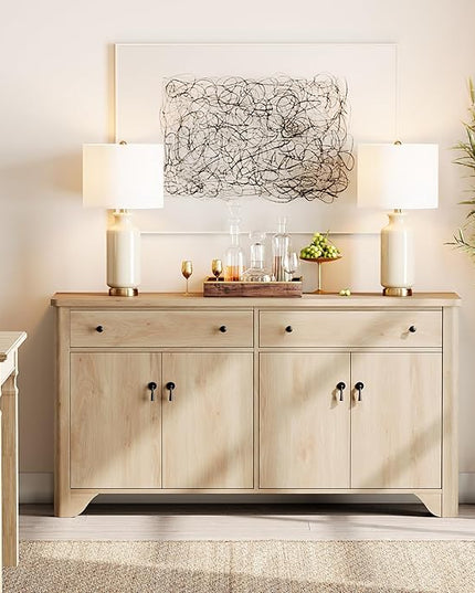 WAMPAT Buffet Cabinet with 4 Doors and 2 Drawers, 59" W Farmhouse Sideboard Cabinet with Storage, Wood Kitchen Storage Cabinets Coffee Bar Table for Dining Room & Living Room, Oak