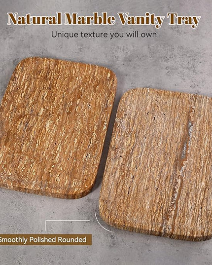 Natural Marble Vanity Tray, 11.8" Travertine/Stone Bathroom Tray Countertop, Golden Stone for Perfume Jewelry Holder, Decorative Dresser Organizer, Storage for Kitchen Sink(Walnut Traver)