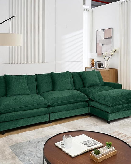 Modular Sectional Sofa,Modern Sofa Sleeper Couch,3 Seat & 1 Ottoman,Comfy Cloud Couches Soft Chenille Sofa Set with Movable Ottoman Deep Seat Sofa for Living Room (Green, L Shaped)