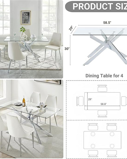 Edwin's Choice 58.5” Rectangle Glass Dining Table, Tempered Glass Tabletop and Metal Tubular Legs, Modern Style Table for Home, Kitchen, Dining Room 58.5”Lx29”Wx30”H, Silver (Table Only)