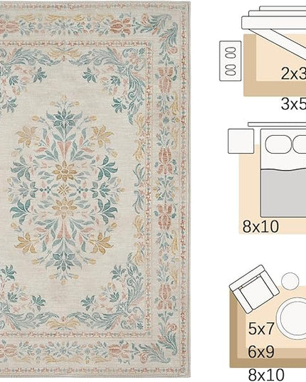 jinchan Vintage Floral Runner Rug 2x6 - Machine Washable Distressed Design Non-Slip Low-Pile Soft Thin Carpet for Hallway Kitchen Farmhouse Bedroom Entryway Laundry Room (2x6ft, Apricot Multi)