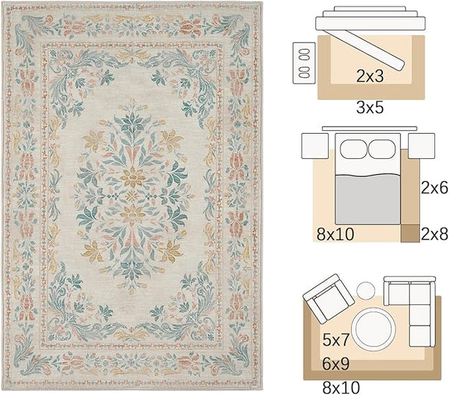 jinchan Vintage Floral Runner Rug 2x6 - Machine Washable Distressed Design Non-Slip Low-Pile Soft Thin Carpet for Hallway Kitchen Farmhouse Bedroom Entryway Laundry Room (2x6ft, Apricot Multi)