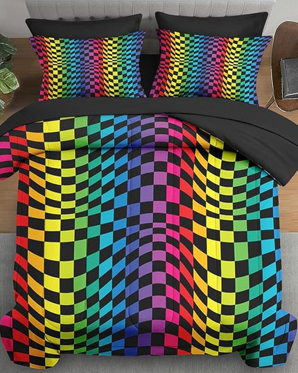 Comforter Set King Size, Rainbow Geometric Colorful 7 Pcs Bedding for Kids and Adults, Dot Pride Wavy Bed Sheet Sets with Fitted Sheet 2 Pillowcases & 2 Shams for Bedroom Bed Decor