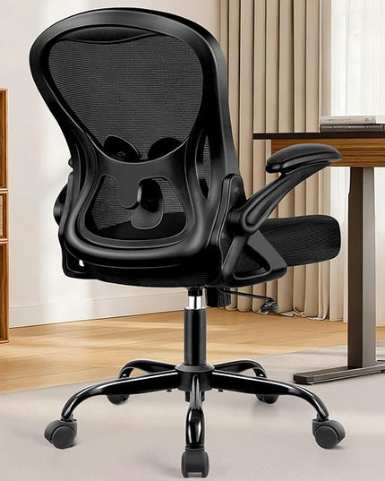 Office Chair, Ergonomic Mesh Desk Chair with Adjustable Lumbar Support & Flip-Up Armrest, Mid Back Computer Chair, Swivel Task Rolling Chair for Home and Office (Black)