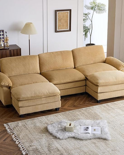 VINGLI 121" L Shape Sectional Couch, Convertible Sectional Couch for Small Living Room,Modern 3-Seat Convertible Loveseat Sofa with 2 Ottoman in Corduroy,Khaki