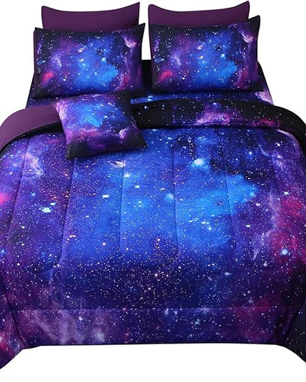 JQinHome Queen Galaxy Purple Comforter Sets Blanket,6 Piece Bed in A Bag 3D Outer Space Themed Bedding, All-Season Reversible Quilted Duvet, for Children Boy Girl Teen Kids(Blue Purple)