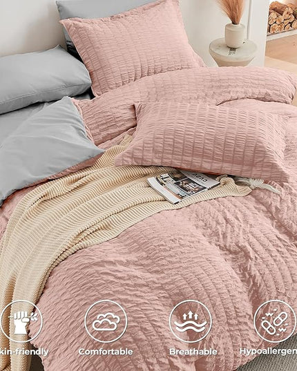 HYMOKEGE Rose Gold/Light Grey Twin XL Comforter Set Seersucker 5 Pieces, All Season Luxury Bed in a Bag for Bedroom, Bedding Set with Comforter, Sheets, Pillowcase & Sham