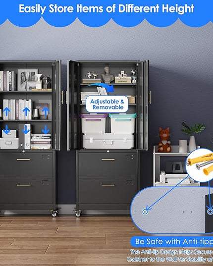 METAN Metal File Cabinet with 2 Drawers and 2 Shelves,Office Filing Cabinet on Wheels with Lock,Office Storage for Letter/Legal Size,Assembly Required,Black
