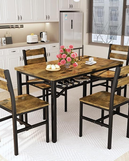 Hooseng Dining Table Set for 4, Wood Kitchen Table Chairs Set with Storage, Farmhouse 5 Piece Dining Room Table Set, Space-Saving Dinette Set for Breakfast Nook, Apartment