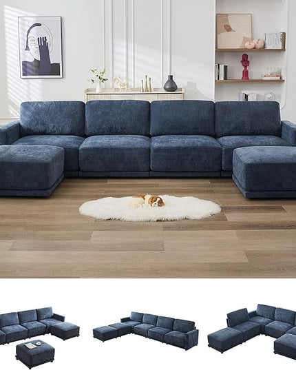 143.8" Modular Sectional Sofa Modern Chenille U Shaped Couch with Thickened Seat Cushions, Easy Assembly, Upholstered 6 Seater Couch with 2 Movable Ottomans for Living Room, Blue