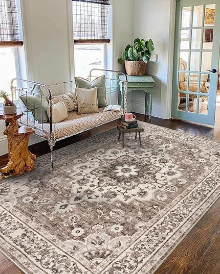 Washable Oriental Area Rug - 3x5 Rugs for Living Room Soft Carpet for Bedroom Waterproof Floral Distressed Indoor Stain Resistant Non-Shedding Floor Carpets (Beige, 3X5)
