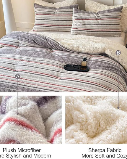 Cyusri Striped Sherpa Comforter Set 3Pcs Fluffy Warm Fleece Down Alternative, Grey Red Bedding Set with 2 Pillowcases, King Size 104"x90"