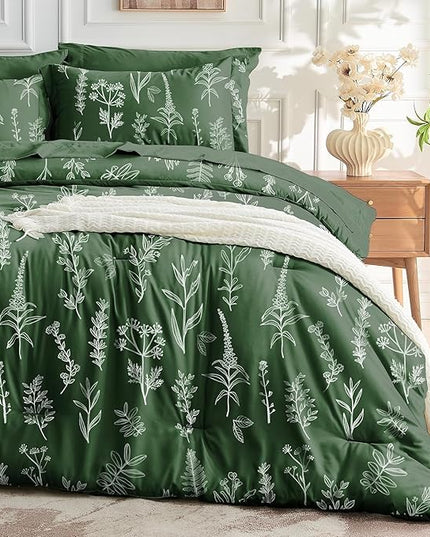 MUXHOMO Dark Green Cal King Comforter Set, Elegant Floral Print Bed in a Bag 7 Pieces, Ultra Soft & Breathable Reversible Botanical Pattern Bedding Set with Comforter, Sheets, Pillowcases, and Shams