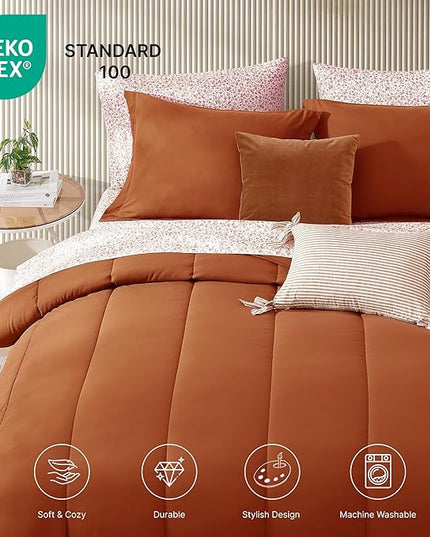 Monbix King Size Comforter Set - 7 Pieces Bed in a Bag King, Burnt Orange Track Stitching Bedding Sets, All Seasons Down Alternative Comforter Bed Set with Sheets
