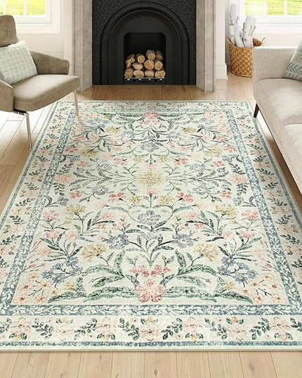 Wonnitar Washable 6x9 Area Rugs, Soft Floral Rug for Bedroom Kids Playroom Light Colored Carpet, Non Slip Ultra-Thin Indoor Beige Carpet for Living Room Classroom Office