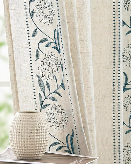 jinchan Winslow 96 Inch Curtains 4 Panel Set Embroidered Bordered Floral Curtains for Living Room Farmhouse Decor Light Filtering Window Treatments Blue on Beige Drapes 4 Panels