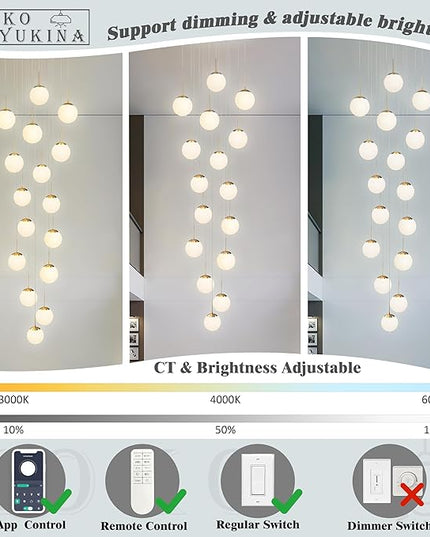 KoKo&Yukina 16-Light Gold Mid Century Modern Chandelier for Living Room Staircase Chandelier for Entryway Globe Milky White Glass Pendant Light High Ceiling Chandeliers Foyer (Bulb & Remote Incl.)