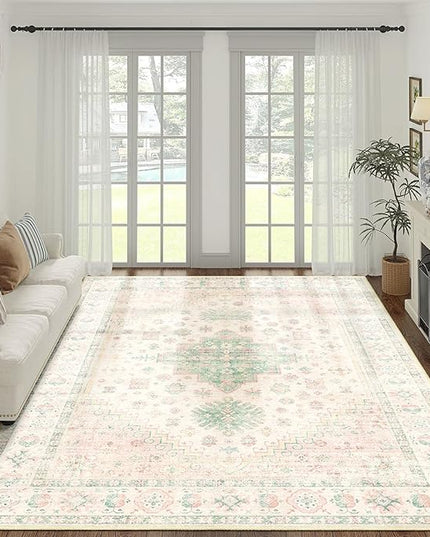 MUJOO 8x10 Area Rugs,Washable Rugs for Living Room Dining Room Bedroom,Large Boho Throw Carpet,Non Slip Big Indoor Low Pile Light Pink and Green