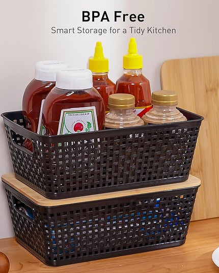 Storage Bins with Lids 8 Packs, Plastic Storage Bins with Bamboo Lids for Pantry Organization and Storage Containers for Shelves Drawers Desktop Closet Playroom Classroom Office Home, Black