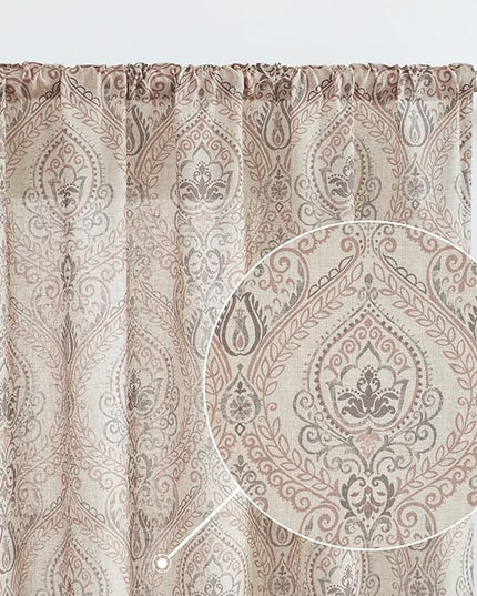 jinchan Linen Blend Curtains for Living Room, Damask Medallion Pattern Curtains 63 Inch Length 2 Panels Set for Bedroom, Light Filtering Drapes, Vintage Print Window Treatments, Back Tab Taupe
