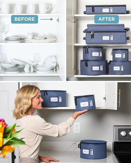 Hard Shell China Storage Containers 12-Piece Set Moving Boxes for Dinnerware, Glasses, Plates, Mugs and Saucers Sturdy Dish Organizer with Dividers for Seasonal Storage - Service for 12 - Denim Blue